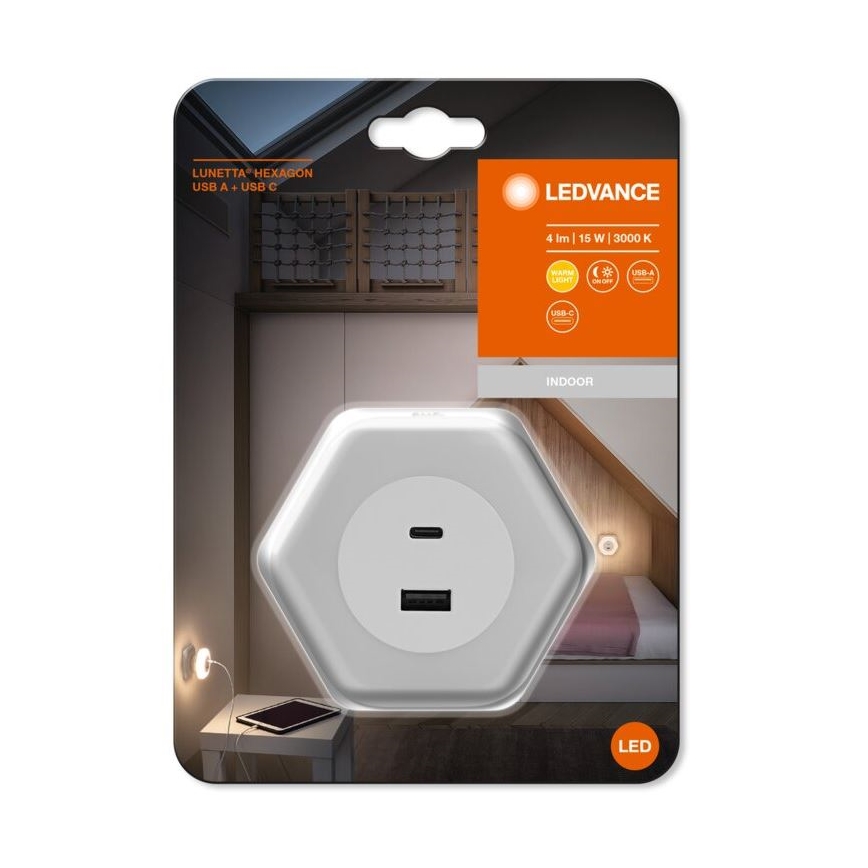 Ledvance - LED Лампа за ориентация за контакт с USB LUNETTA LED/15W/230V