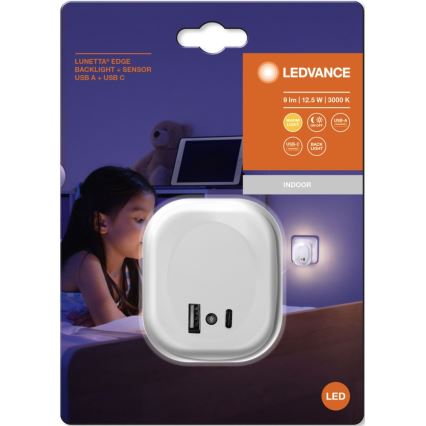 Ledvance - LED Нощна лампа за контакт със сензор и USB LUNETTA LED/12,5W/230V 3000K бял