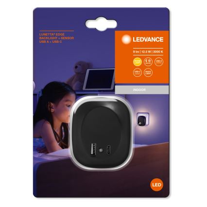 Ledvance - LED Нощна лампа за контакт със сензор и USB LUNETTA LED/12,5W/230V 3000K черен