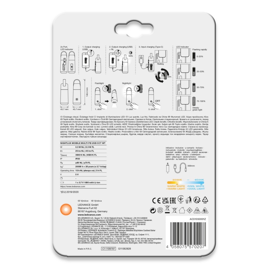 Ledvance - LED Външна батерия с функция фенерче MOBILE LED/0,5W/5V 1800 mAh 2xUSB