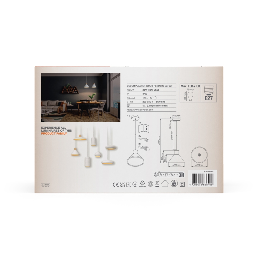 Ledvance - Пендел DECOR PLASTER 1xE27/25W/230V Ø 22 см гипс бял