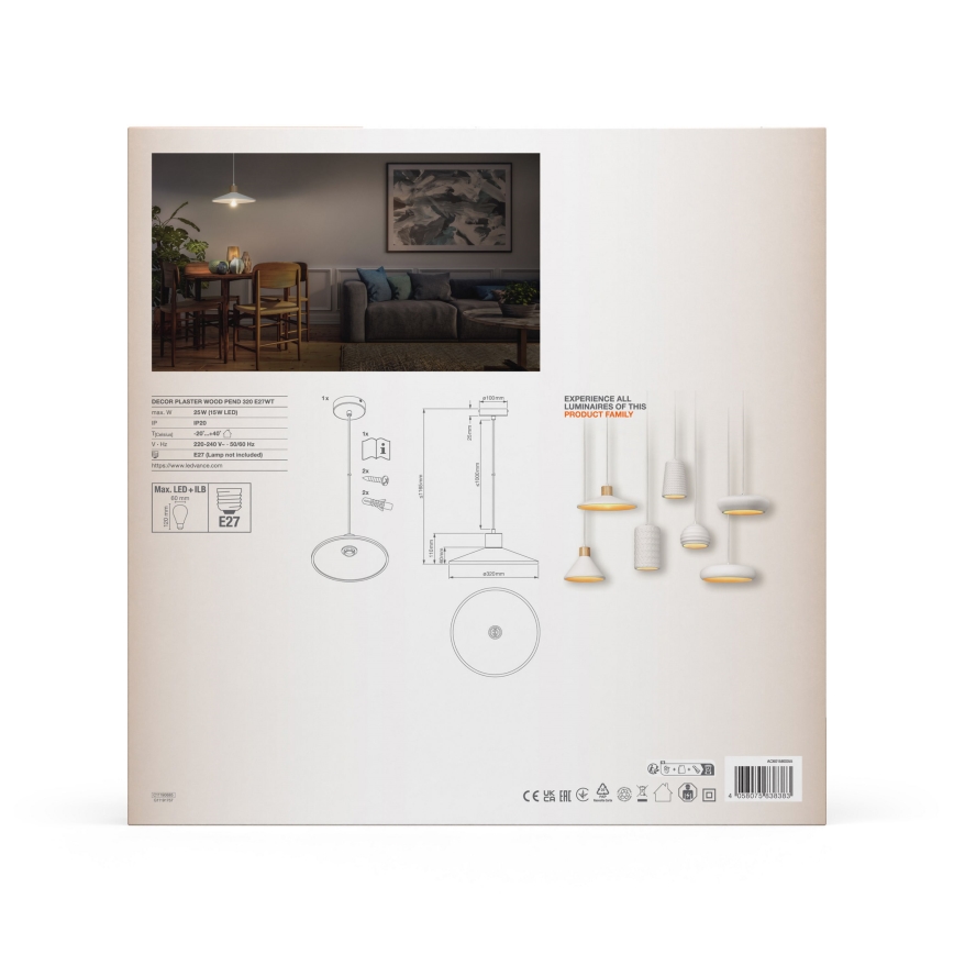 Ledvance - Пендел DECOR PLASTER 1xE27/25W/230V Ø 32 см гипс бял