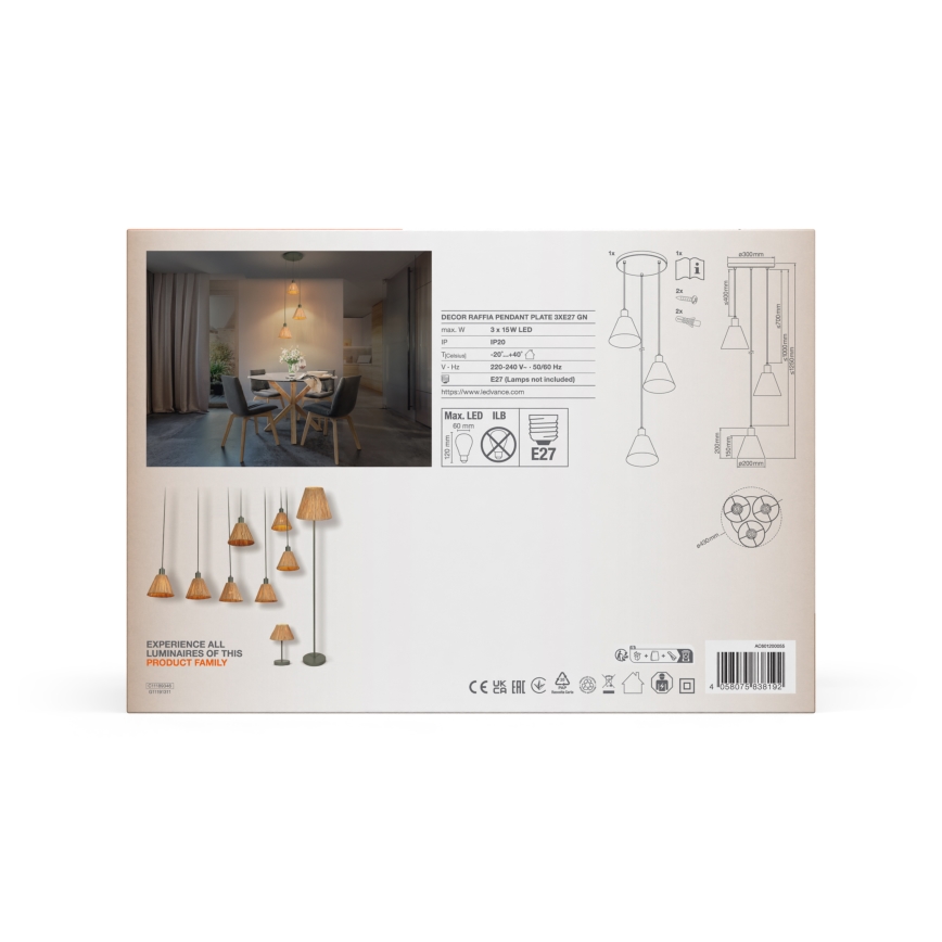 Ledvance - Пендел DECOR RAFFIA 3xE27/15W/230V влакна от рафия