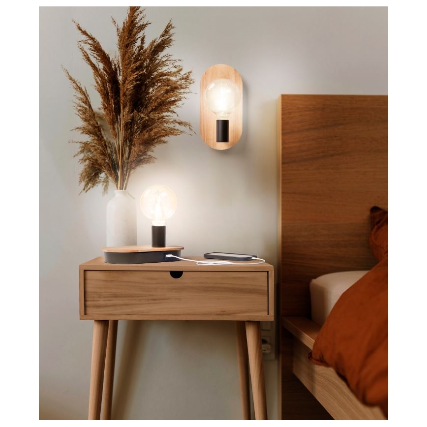 Ledvance - Сензорна настолна лампа с USB connector DECOR WOOD 1xE27/8W/230V каучуков фикус