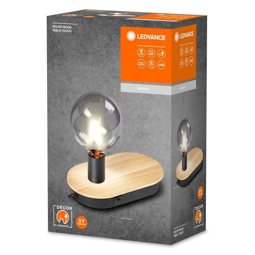 Ledvance - Сензорна настолна лампа с USB connector DECOR WOOD 1xE27/8W/230V каучуков фикус
