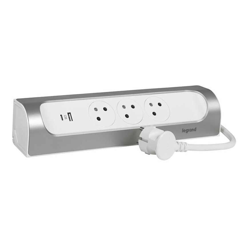 Legrand 049406 - Разклонител 3Z Тип E + USB-A + USB-C 1m сребрист/бял