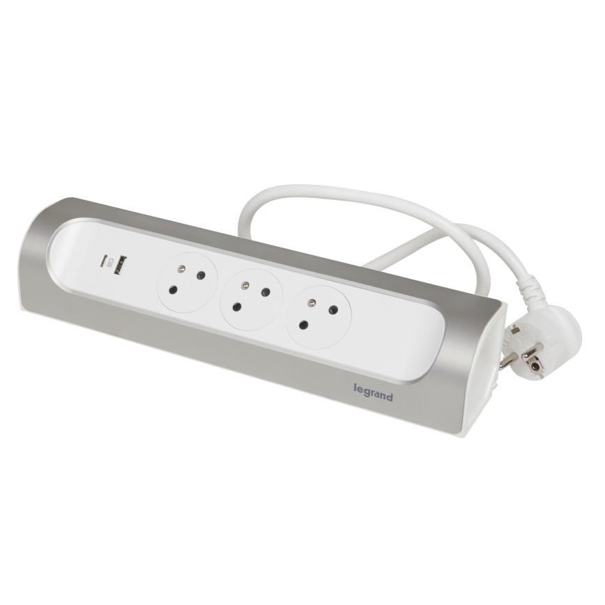 Legrand 049406 - Разклонител 3Z Тип E + USB-A + USB-C 1m сребрист/бял