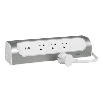 Legrand 049406 - Удължител с 3 гнезда, щепсел тип E + USB-A и USB-C, 1 м, сребрист/бял