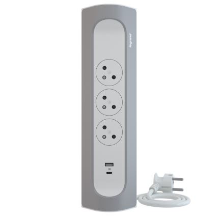 Legrand 049406 - Удължител с 3 гнезда, щепсел тип E + USB-A и USB-C, 1 м, сребрист/бял