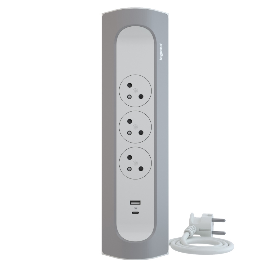 Legrand 049406 - Удължител с 3 гнезда, щепсел тип E + USB-A и USB-C, 1 м, сребрист/бял
