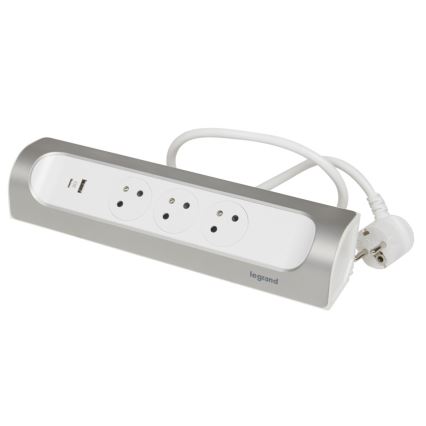 Legrand 049406 - Удължител с 3 гнезда, щепсел тип E + USB-A и USB-C, 1 м, сребрист/бял