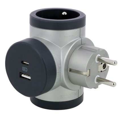 Legrand 049439 - Контактен разклонител въртящ се 2Z Тип E + USB-A + USB-C сребрист/черен