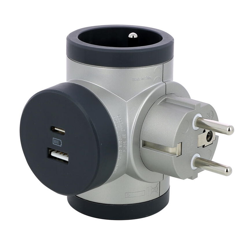 Legrand 049439 - Контактен разклонител въртящ се 2Z Тип E + USB-A + USB-C сребрист/черен