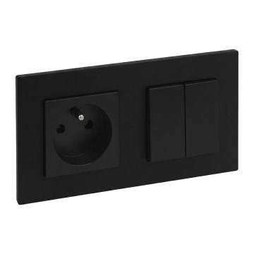 Legrand - Двоен стълбищен ключ 6+6 и домашна розетка с рамка NILOE STEP 250V черна