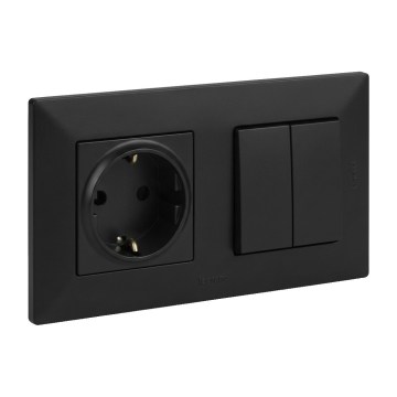 Legrand - Двоен стълбищен ключ 6+6 и домашна розетка SCHUKO с рамка NILOE STEP 250V черен