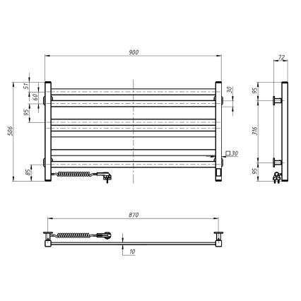 Лира за баня с термостат AVANGARD 316W/230V 50,6 cm IP44, черна, лява, с квадратни профили