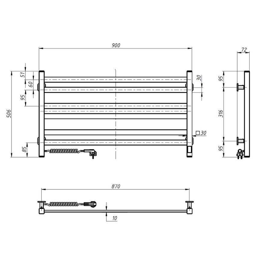 Лира за баня с термостат AVANGARD 316W/230V 50,6 cm IP44, черна, лява, с квадратни профили