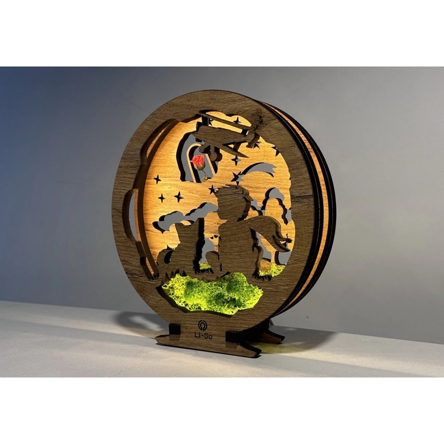 Li-Go 23634/DUB2 - LED настолна декорация с регулируема яркост LED/12W/230V 20x22 см дъб/Малкият принц с роза