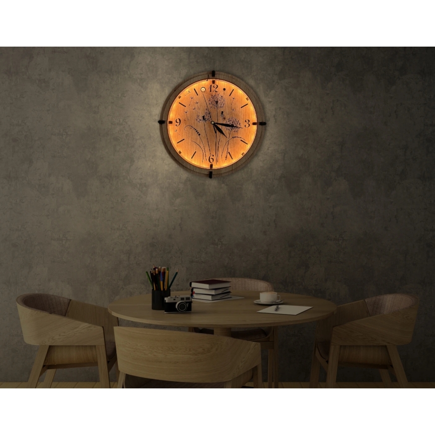 Li-Go 23688/DUB2 - LED часовник с регулируема яркост и сензор за движение LED/5V 20000 mAh + 1xAA Ø 32 cm дъб/глухарче