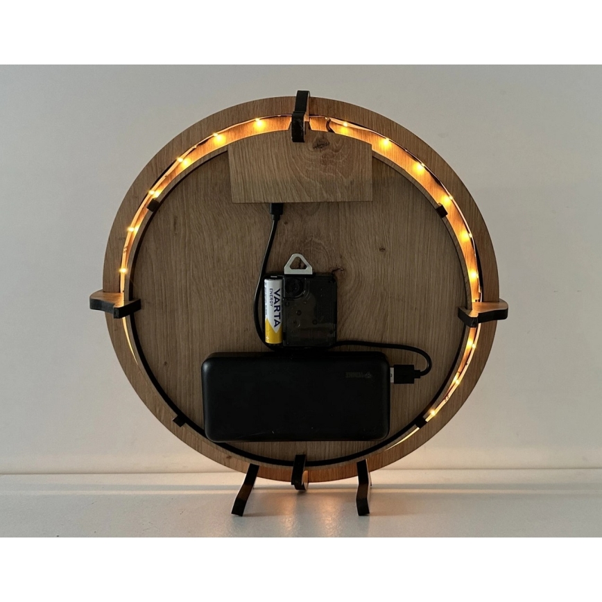 Li-Go 23688/DUB2 - LED часовник с регулируема яркост и сензор за движение LED/5V 20000 mAh + 1xAA Ø 32 cm дъб/глухарче