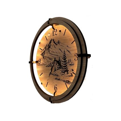 Li-Go 23697/DUB/BAT2 - LED часовник с димираща функция и сензор за движение LED/10W/5V 20000 mAh + 1xAA Ø 32 cm дъб/планини