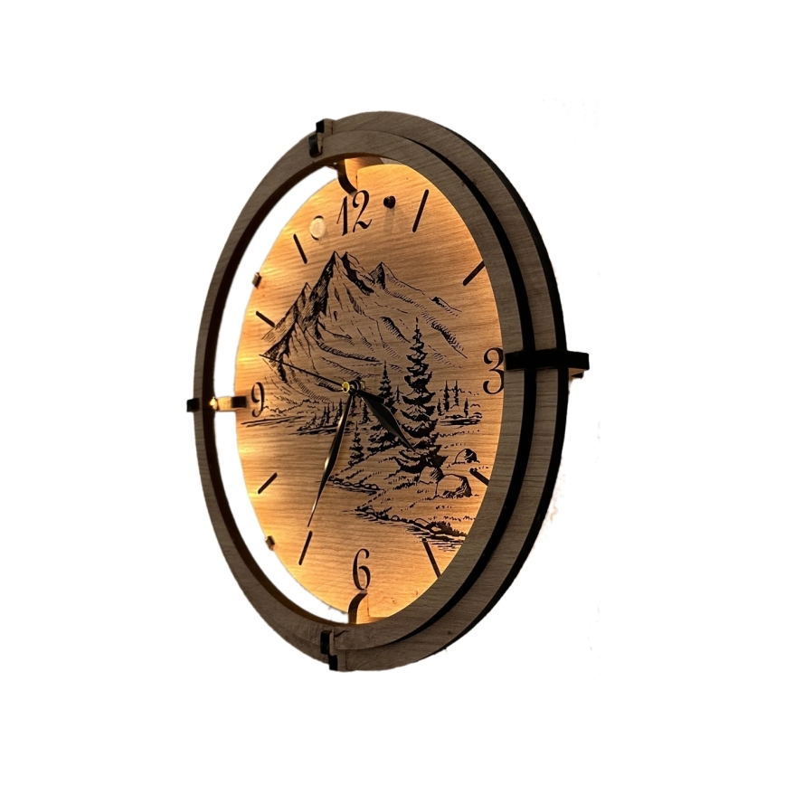 Li-Go 23697/DUB/BAT2 - LED часовник с димираща функция и сензор за движение LED/10W/5V 20000 mAh + 1xAA Ø 32 cm дъб/планини