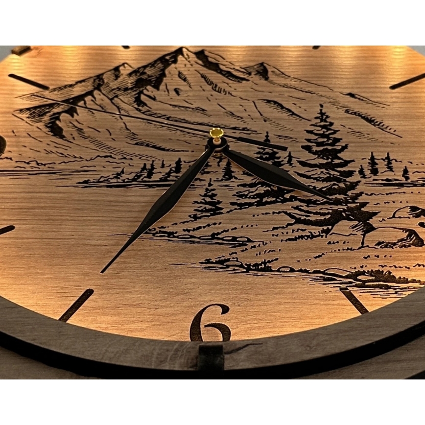 Li-Go 23697/DUB/BAT2 - LED часовник с димираща функция и сензор за движение LED/10W/5V 20000 mAh + 1xAA Ø 32 cm дъб/планини