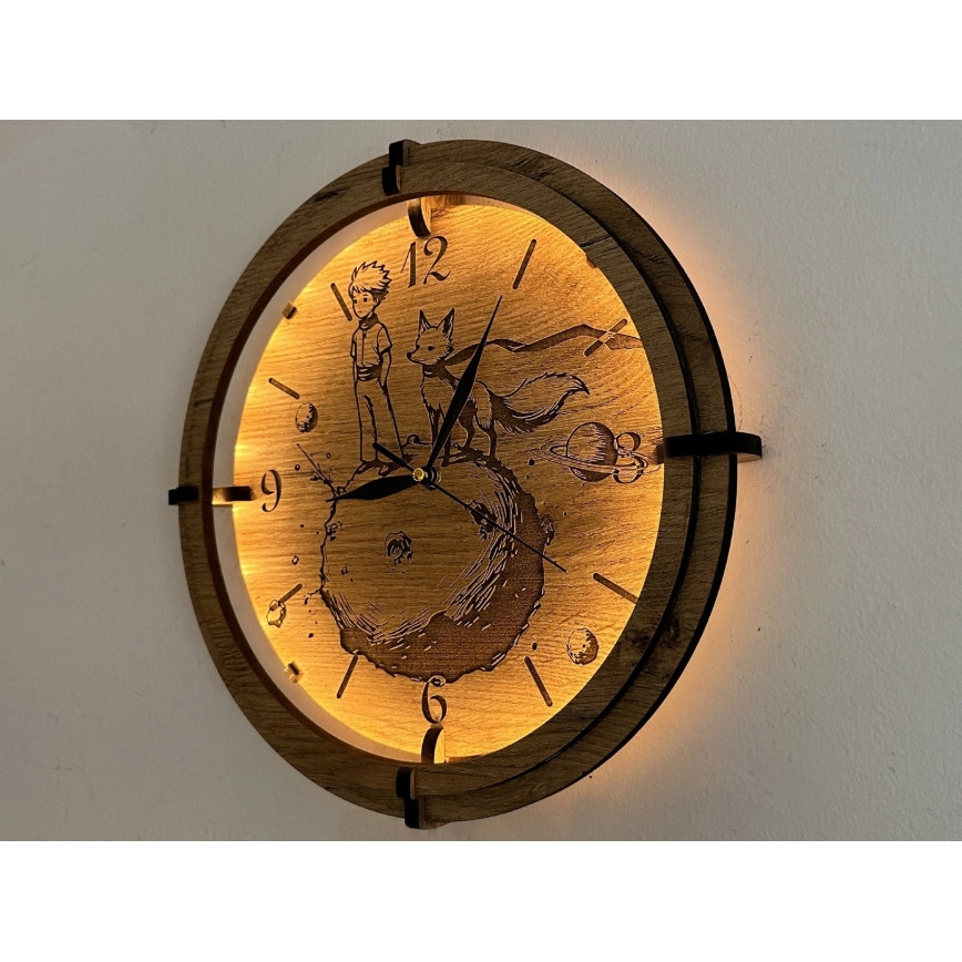 Li-Go 23712/DUB/BAT2 - LED часовник с регулируема яркост и сензор за движение LED/10W/5V 20000 mAh + 1xAA pr. 32 cm дъб/Малкият принц