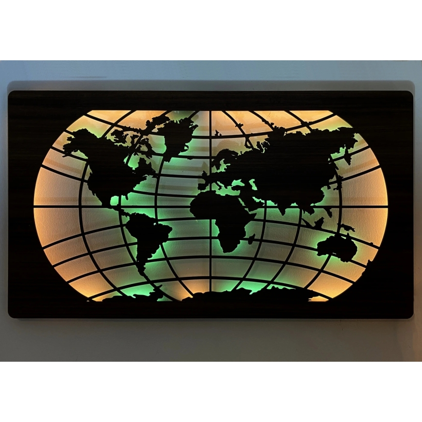 Li-Go 4709/DUB2 - LED RGBW димируема стенна декорация, LED/24W/230V, 125x74 cm, дъб / световна карта с паралели + дистанционно управление