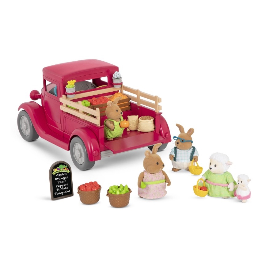 Li'l Woodzeez - Комплект играчки фермерски камион с щанд за храна 3xAAA