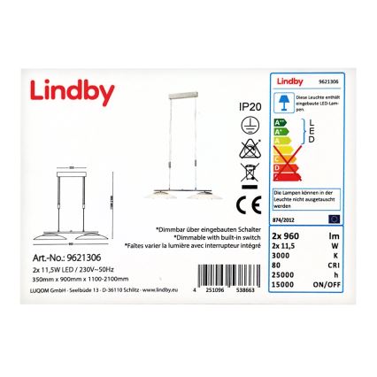 Lindby - LED Димируем пендел JUDIE 2xLED/11,5W/230V