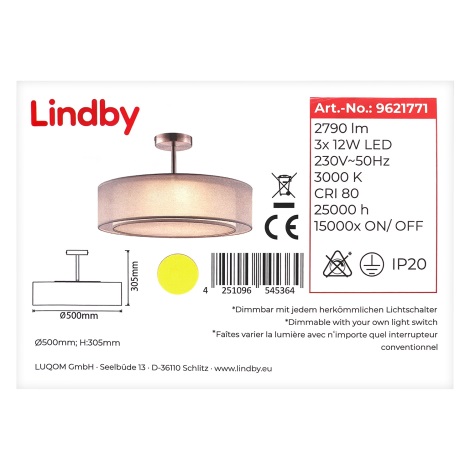 Lindby - LED Димируем пендел PIKKA 3xLED/12W/230V