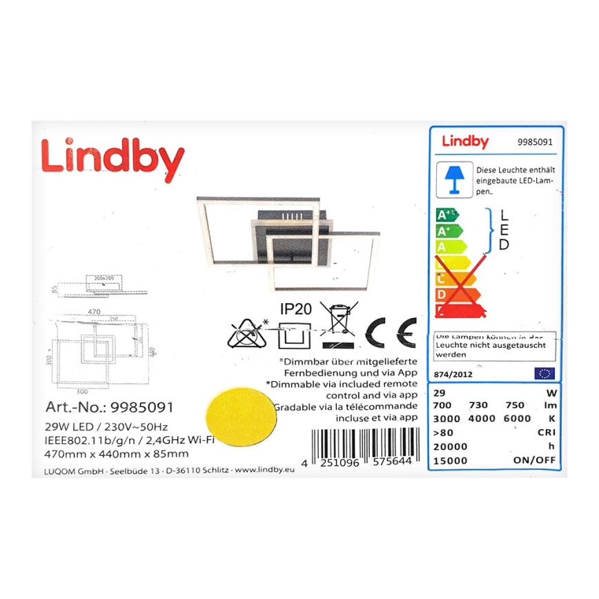Lindby - LED регулируемо таванно осветително тяло CLEAS LED/29W/230V Tuya + дистанционно управление