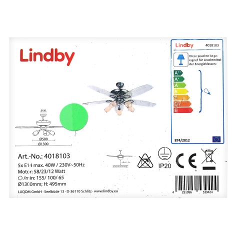 Lindby - Таванен вентилатор с лампа CEDRIK 5xE14/40W/230V