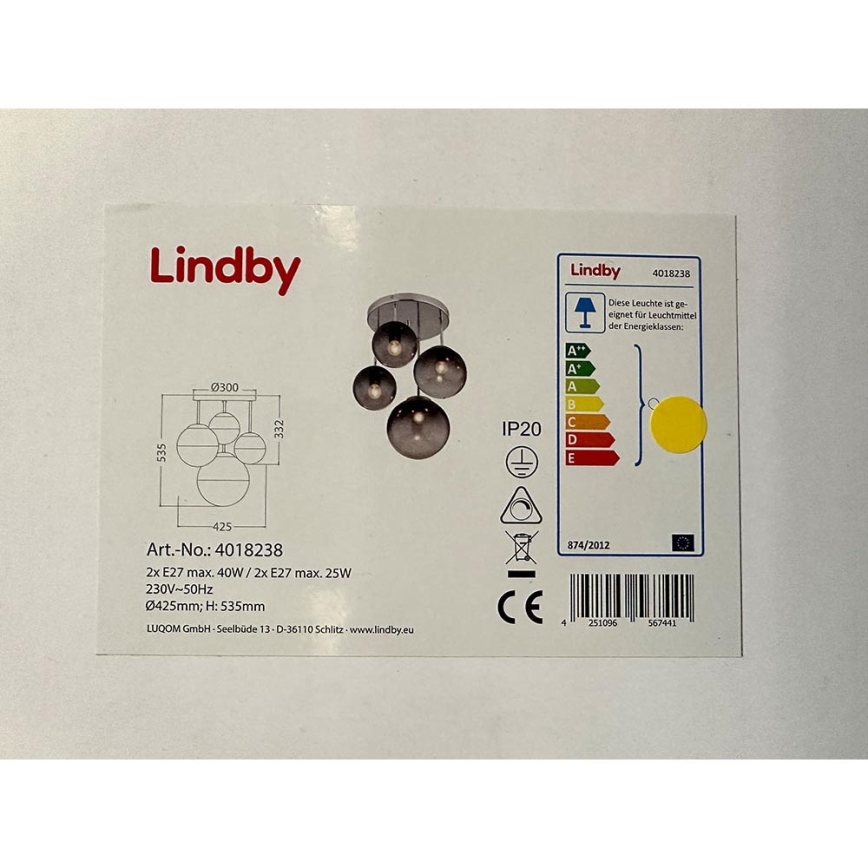 Lindby - Висящ полилей ROBYN 2xE27/40W/230V + 2xE27/25W/230V