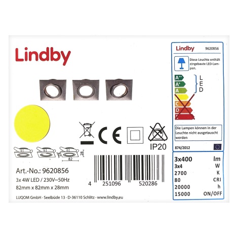 Lindby - К-кт 3x LED Лампа за окачен таван ANDREJ LED/4W/230V