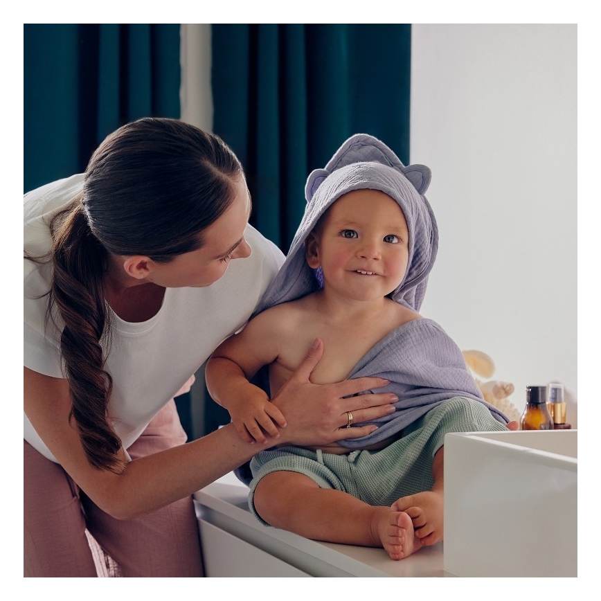 Lionelo - Детска хавлия с качулка от мушлин, цвят сиво небе