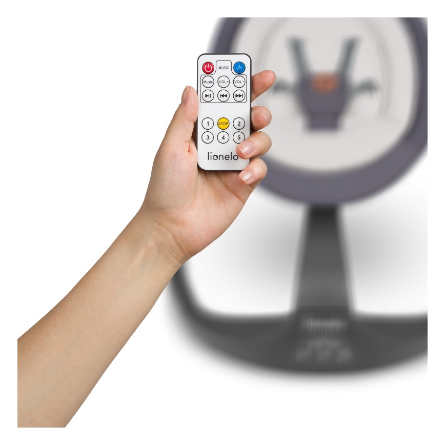Lionelo - Детска люлка RINA с мелодия, захранване 4xAA, цвят Grey Concrete, с дистанционно управление