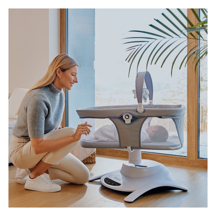 Lionelo - Детска люлка с мелодия 2 в 1 BELLA 4xAA бетонно сива + дистанционно управление