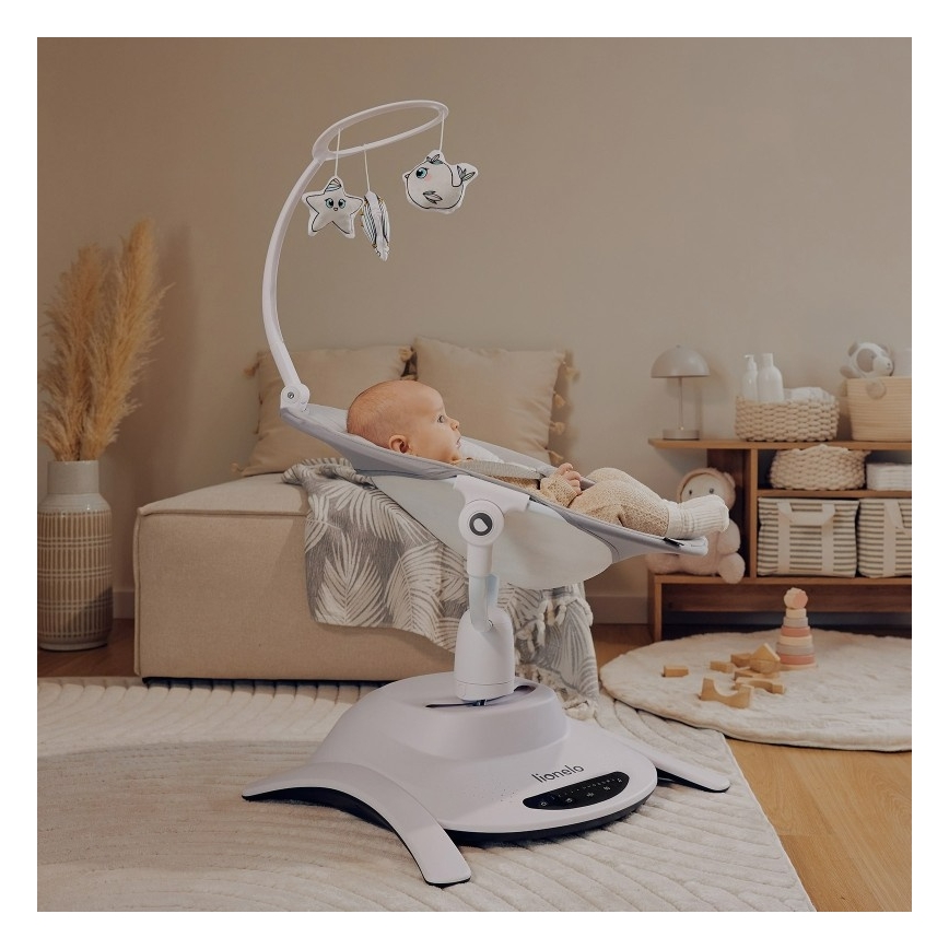 Lionelo - Детска люлка с мелодия 2 в 1 BELLA 4xAA бетонно сива + дистанционно управление