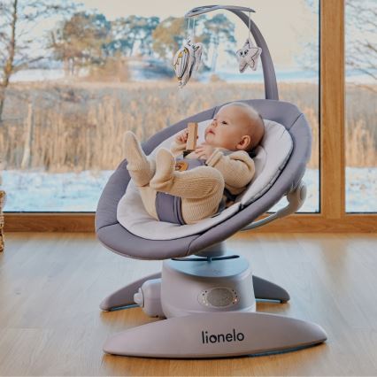 Lionelo - Детска люлка с мелодия MELL Grey Stone 4xAA + дистанционно управление