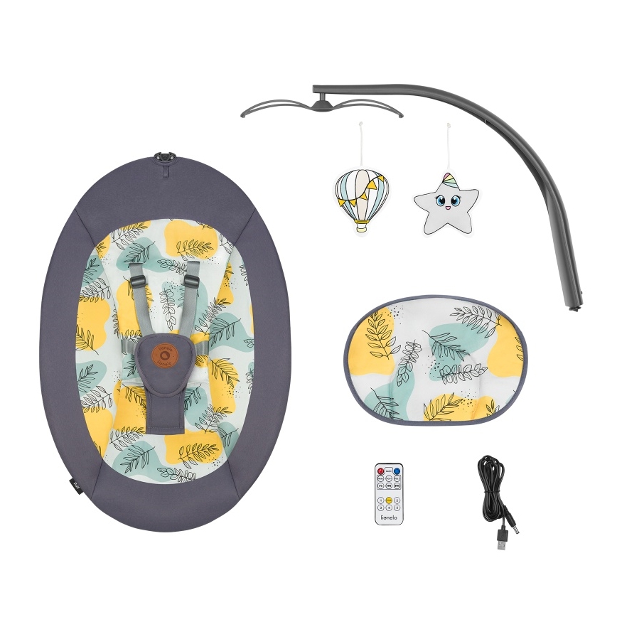 Lionelo - Детска люлка с мелодия RALF, захранване 4xAA, с дистанционно управление, цвят Grey Concrete