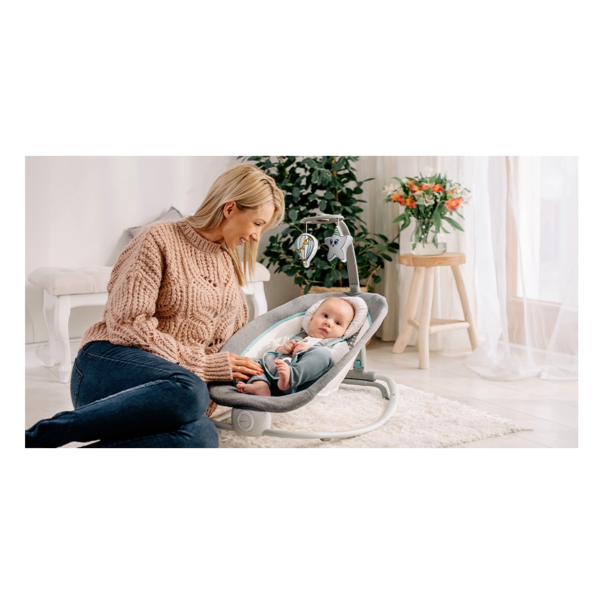 Lionelo - Детска вибрираща люлка с мелодия PASCAL 2xAA сива/тюркоазна