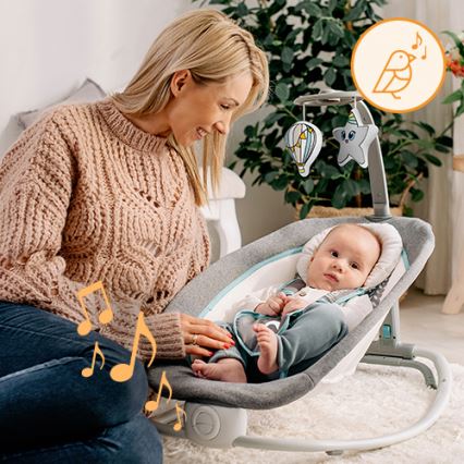 Lionelo - Детска вибрираща люлка с мелодия PASCAL 2xAA сива/тюркоазна