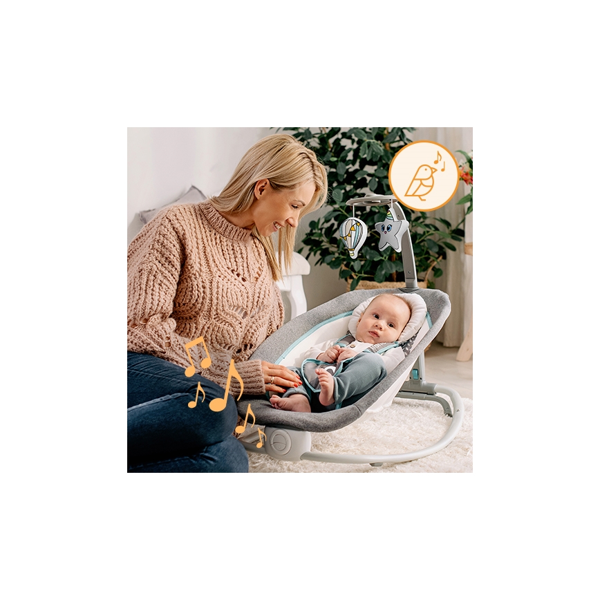 Lionelo - Детска вибрираща люлка с мелодия PASCAL 2xAA сива/тюркоазна