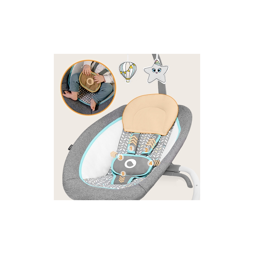 Lionelo - Детска вибрираща люлка с мелодия PASCAL 2xAA сива/тюркоазна