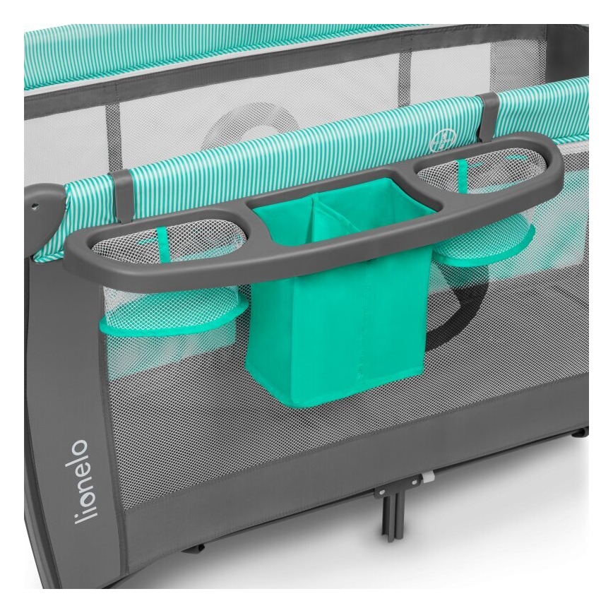 Lionelo - Преносима бебешка кошара SVEN PLUS, сива/тюркоазна