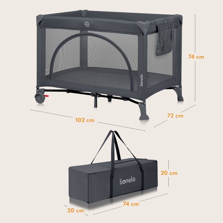 Lionelo - Пътна бебешка кошара LAURA, бетонно сива