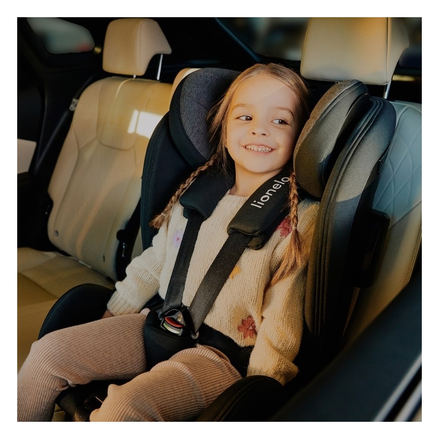 Lionelo - Въртящо се детско столче за кола с база HARPER i-Size 76–150 см, черен карбон