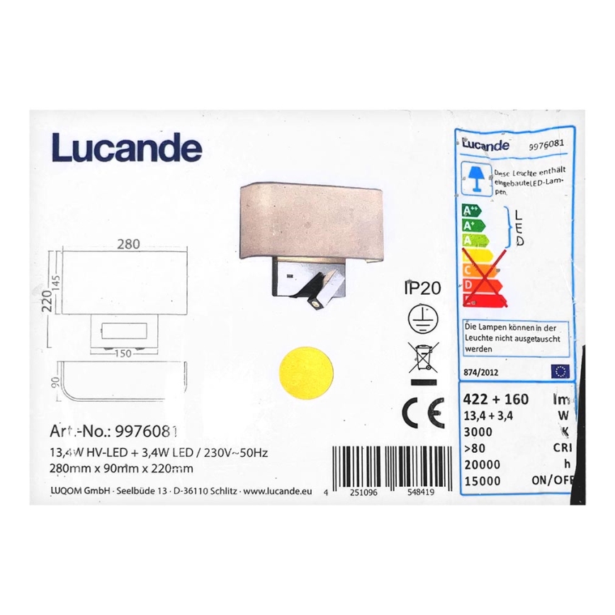 Lucande - LED Аплик VIRVE 1XLED/13,4W/230V + 1xLED/3,4W/230V